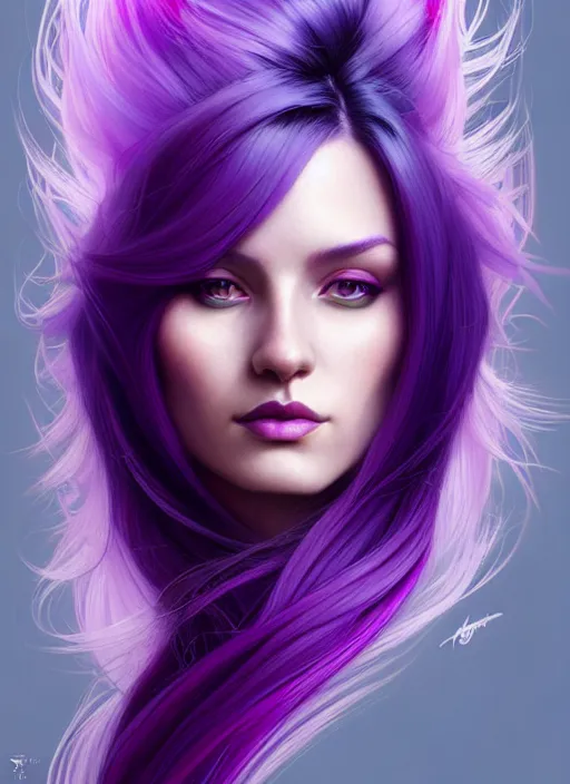 Image similar to Purple hair relistic Portrait of a woman with bright colored flying hair, all shades of purple. Hair coloring, long hair, fantasy, intricate, elegant, highly detailed, digital painting, artstation, concept art, smooth, sharp focus, illustration, art by artgerm and greg rutkowski and alphonse mucha