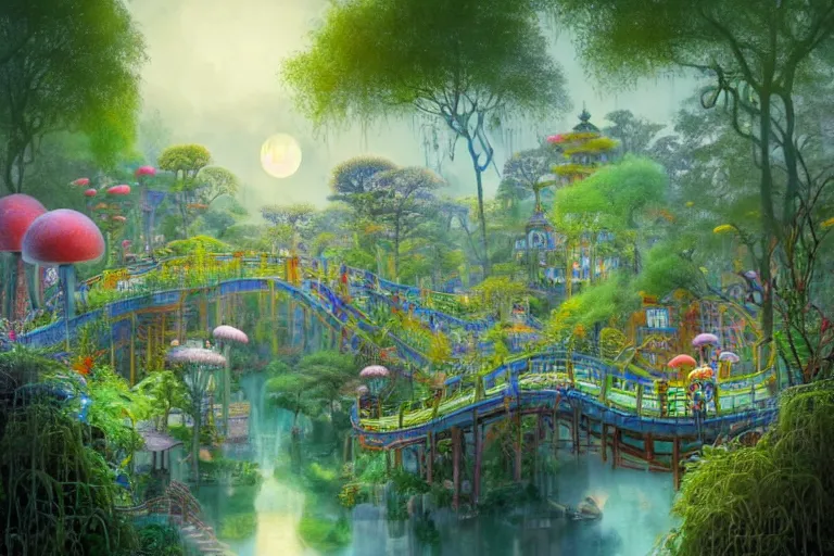 Prompt: simple mansion from hundertwasser and gaudi in a deep mystical forest with a cute japanese garden and bridge around it, exagerate perspective, mushrooms and dense exotic vegetation, floating lampoons, tall people walking and discussing, dynamic lighting, art by peter mohrbacher on artstation, disney zootopia architecture, night sky with moon