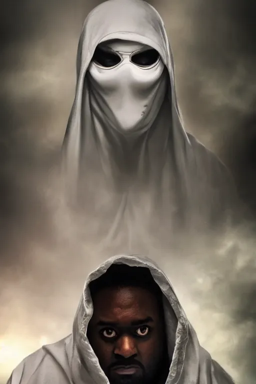 Image similar to characters portrait of Moon Knight mixed with Ghostface by Alyssa Monks, full-shot, merged character, Full body shot, cinematic opening shot, 4k, highly detailed, cinematic lighting