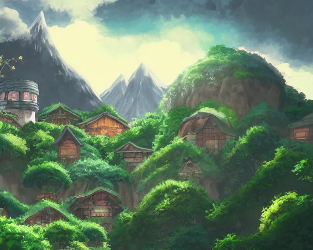 Image similar to mountain overseeing fantasy village next to a forest, studio ghibli style, hayao miyazaki, award winning photograph, highly detailed, artstation, hd wallpaper