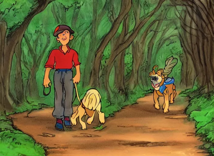 Image similar to A cartoon of a boy and his dog walking down a forest lane, style by don bluth