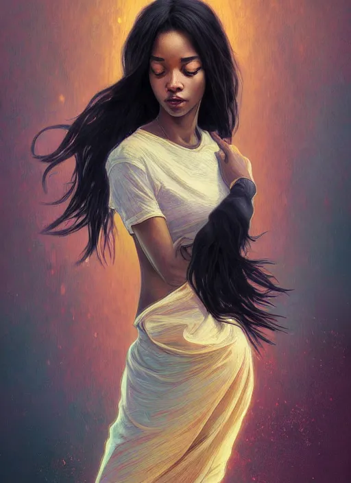 Prompt: handsome black young women with shoulder length black hair, half body shot, path traced, highly detailed, high quality, digital painting, alena aenami, lilia alvarado, shinji aramaki, karol bak, alphonse mucha, tom bagshaw