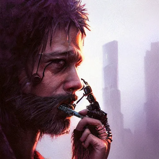 Image similar to cyberpunk, closeup portrait of a shaggy cyberpunk hacker, cigarette in mouth, dramatic light, city background, sunset, dystopian setting, high contrast, sharp, neuromancer, painted by stanley lau, painted by greg rutkowski, painted by stanley artgerm, digital art, trending on artstation