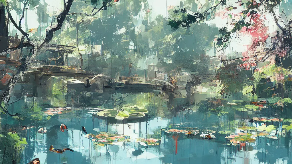 Prompt: painting of a koi pond, trending on artstation, masterpiece by ismail inceoglu