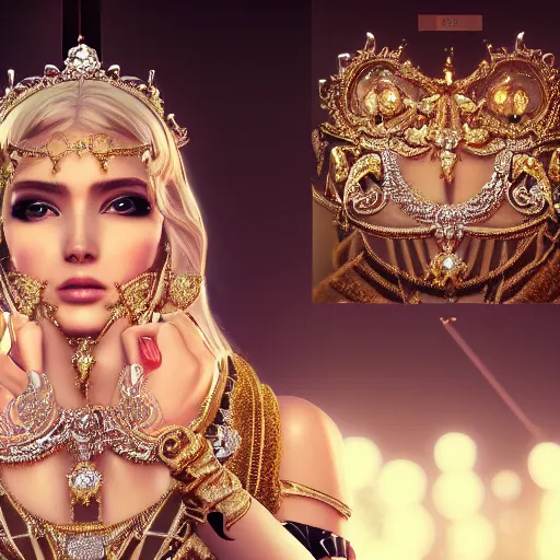 Image similar to portrait of pretty princess with perfect skin, glowing, ornate and intricate diamond jewelry, jaw dropping beauty, ornate and intricate backdrop, white accent lighting, hyper detailed, 4 k octane render