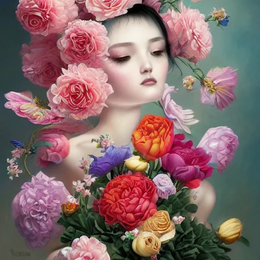 Prompt: a bouquet of petals, vivid, detailed painting, by Ross Tran, Mark Ryden, WLOP, artgerm and James Jean, masterpiece, award winning painting