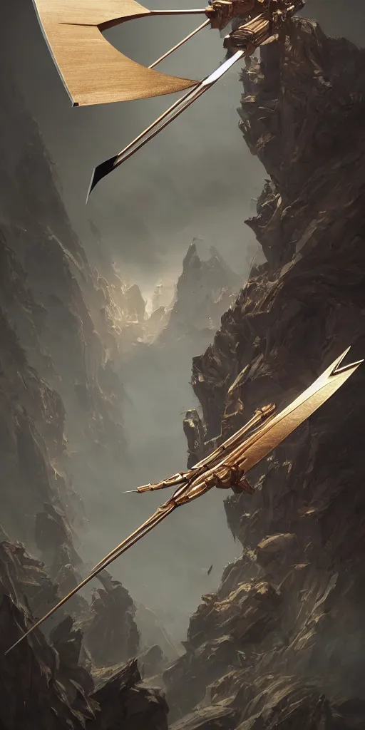 Image similar to a beautiful delicate huge mega bow and arrow weapon, solid background, electron flow, android, mechanical, metal, weapon design, fine texture structure, hyper detailed, perfect shadows, atmospheric lighting, 3 d render, in the style of pascal blanche and sparth juan zigor samaniego, paul pepera pablo roldan, displayed in the exhibition hall, 4 k hd