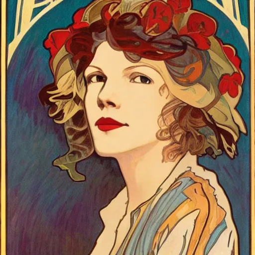 Image similar to amelia earhart, painted by alphonse mucha