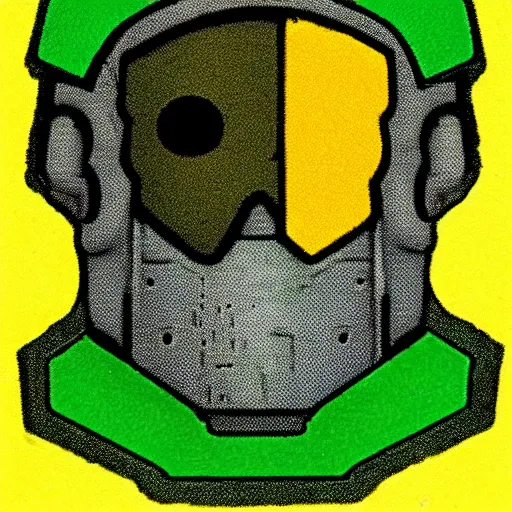 Prompt: portrait of a mutant chronicles bauhaus doomtrooper, wearing green battle armor, a yellow smiley sticker centered on helmet, by moebius