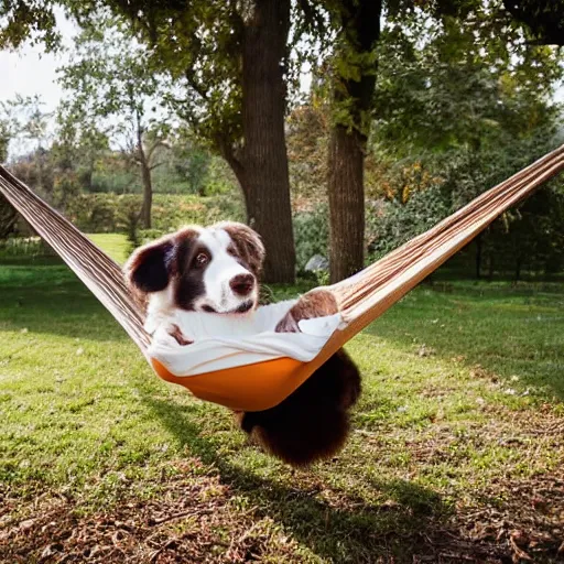 Image similar to brown border collie relaxing in a hammock, drinking hot chocolate