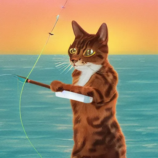 Image similar to a cat holding a fishing pole while fishing in a boat; vivid; digital art; artstation; award winning