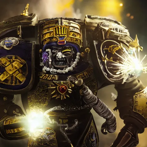 Image similar to nigel farage as a space marine in warhammer space marine splash art, movie still, cinematic lighting, dramatic, octane render, long lens, shallow depth of field, bokeh, anamorphic lens flare, 8 k, hyper detailed, 3 5 mm film grain