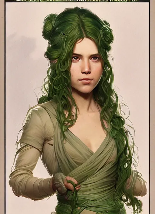 Image similar to a young april with a mischievous face and extremely long blonde wavy hair dressed in a green pale suit, she is a jedi from star wars, intricate detailed face, artgerm, greg rutkowski, alphonse mucha