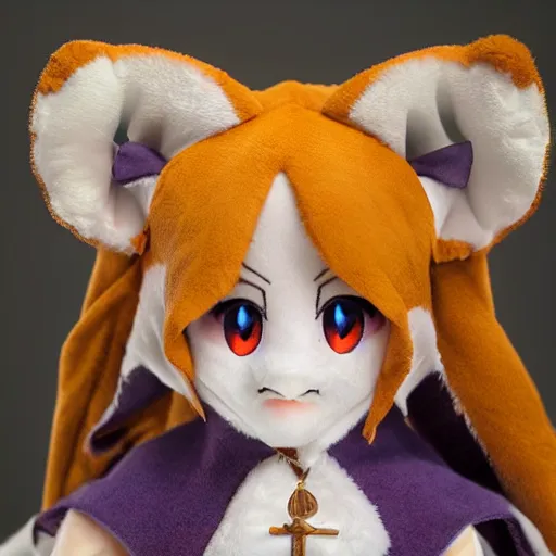 Image similar to cute fumo plush of a fox girl priestess of the dark cathedral, pagan maiden, vray