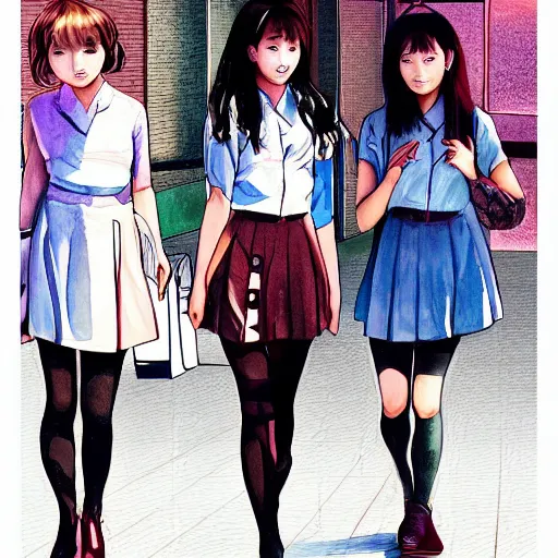 Image similar to a perfect, realistic professional digital sketch of a Japanese schoolgirls posing in a synthwave alleyway, style of Marvel, full length, by pen and watercolor, by a professional American senior artist on ArtStation, a high-quality hollywood-style sketch, on high-quality paper