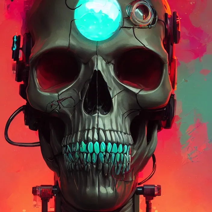 Image similar to a beautiful painting of a cyberpunk skull by pascal blanche and sachin teng and nekro. in style of colorful comic noir illustration, symmetry, sci fi, hyper detailed. octane render. trending on artstation