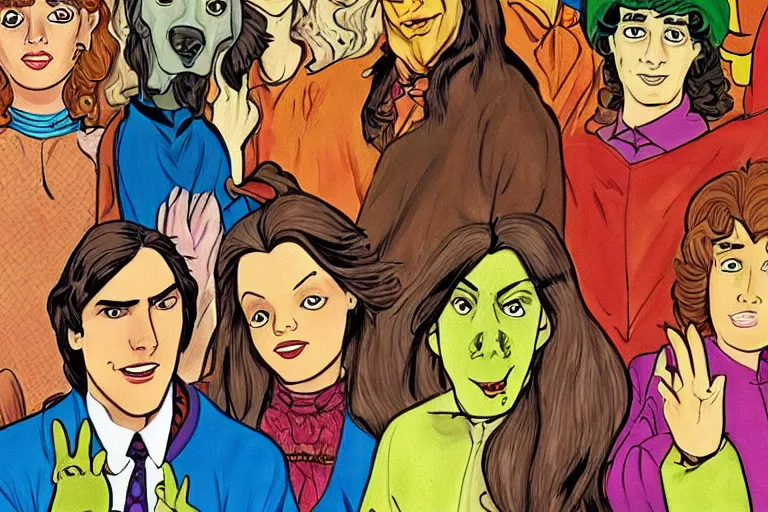 Prompt: Scooby doo cast in Edward burton style, hyper realistic, retro 70s,