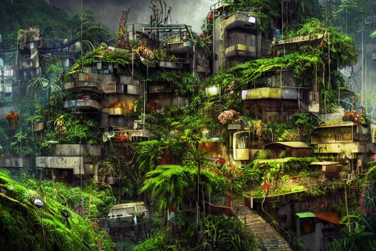 Image similar to favela winding cybernetic bunker, lush floral jungle environment, industrial factory, haunting, award winning art, epic dreamlike fantasy landscape, ultra realistic,