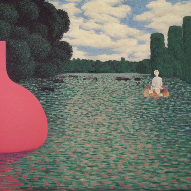 Prompt: painting of flood waters, zen, a tall catgirl art student, a river flooding inside, art supplies, pigs, ikebana, water, river, rapids, waterfall, black swans, canoe, pomegranate, berries dripping, acrylic on canvas, surrealist, by magritte and monet