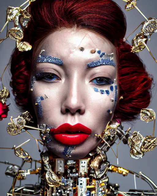 Image similar to Portrait of a robot, close-up, high sharpness, zeiss lens, fashion photo shoot, peony flowers, red hair, red lipstick, on the background of gold, on their face rhinestones, Edward Buba, Annie Leibovitz and Steve McCurry, David Lazar, Jimmy Nelsson, Eiko Hosoe, Zhong Lin, artistic, hyper-realistic, beautiful face, octane rendering