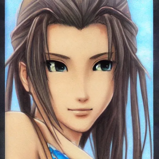 Image similar to beautiful aerith from final fantasy in a bikini on the beach making eye contact drawn by keith garvey