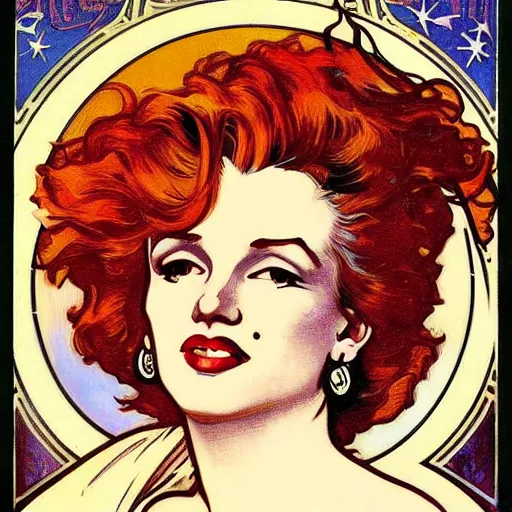 Image similar to marilyn monroe portrait by louis - theophile hingre and alphonse mucha, realistic, sharp focus, zodiac signs, tarot cards, planets, ethereal, art nouveau, magic, moon, sun, smart, wisdom, royal, jewellery