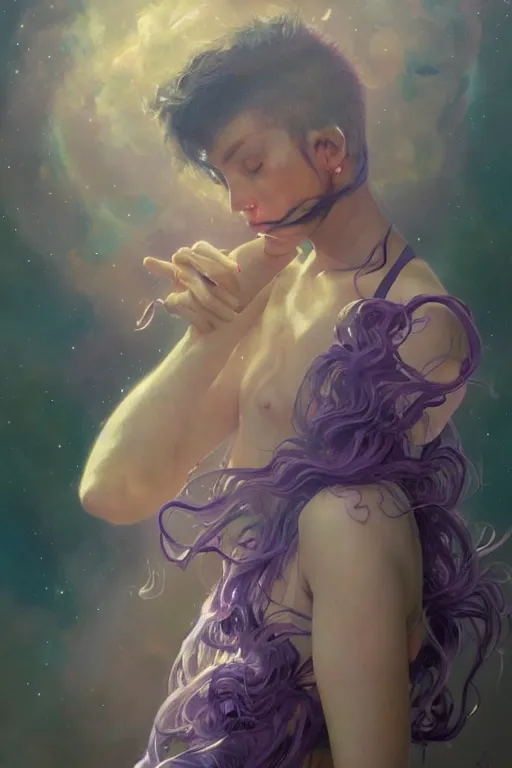 Image similar to A mystical mesmerizing 8k hyperrealistic Photo Portrait of an astronaut transforming into a purple haze, soft, sharp focus, detailed, art by Greg Rutkowski and artgerm and Alphonse Mucha