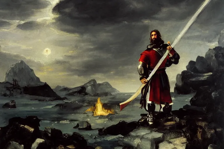 Image similar to landscape realistic painting image of a templar knight with one mechanical hand, carrying a fire sword and wielding it at the ice dragon. dramatic scene, realism, created by gustave courbet and michaelangelo, trending in artstation, fine art, smooth draw with oil painting.