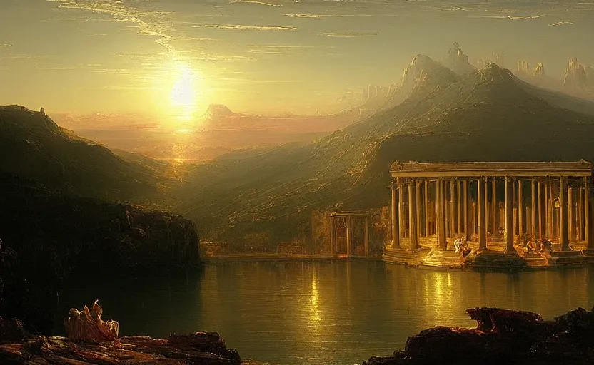 Image similar to a city of light and gold under the ancient runs painted by thomas cole