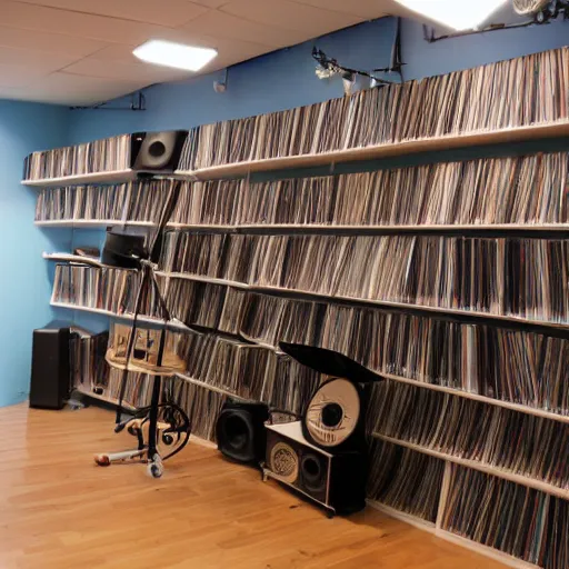 Image similar to cozy music shop, anime style, floor to ceiling shelves of vinyl LP records, large speakers and hifi equipment