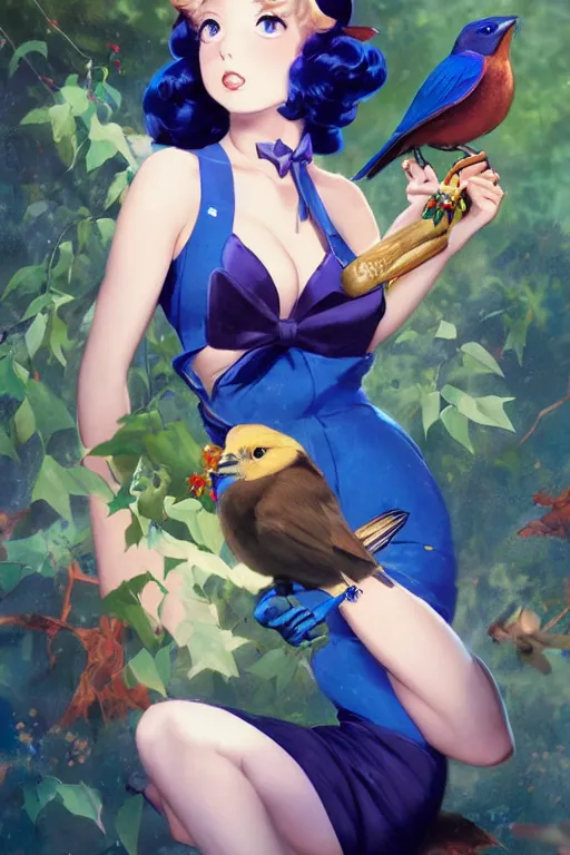 Image similar to anime pinup girl holding an indigo bunting, bird, the bird is wearing a bowtie, by greg rutkowski, rossdraws, gil elvgren, enoch bolles, anime, porcelain skin, very coherent