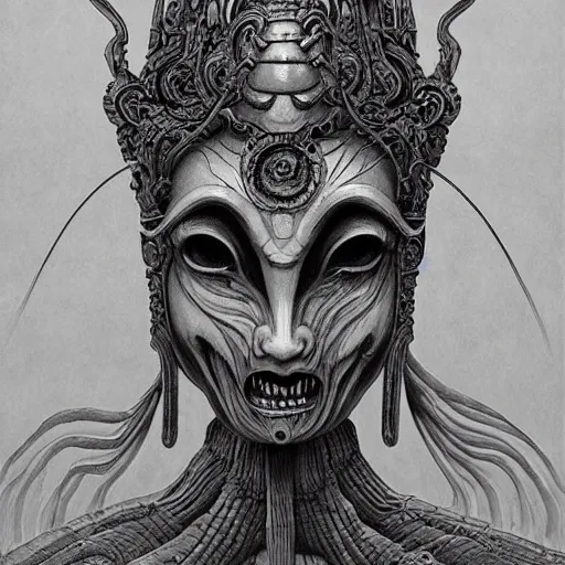 Image similar to naraka buddhist demon korean female, appy female alien, tubular creature, blood vessels, no face, dystopian surrealism, alex ries zdzisław beksinski, giger, symmetrical long head, smooth marble surfaces, smooth marble surfaces, detailed ink illustration, detailed ink illustration, raiden metal gear, cinematic smooth stone, deep aesthetic, concept art, intricate