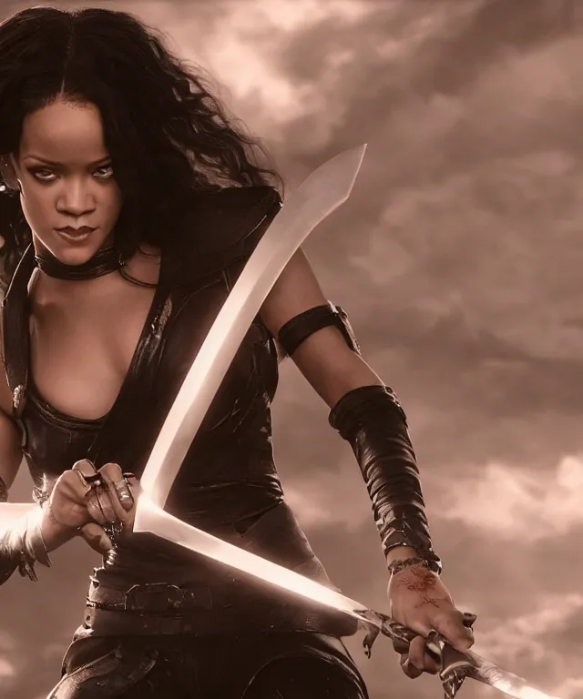 Prompt: a beautiful cinematic image of a Rihanna wielding a sword, cinematic, 4k, realistic, anime artwork, rtx, hyperrealistic, unreal