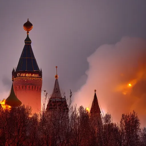 Image similar to photo of burning tower of Kremlin, highly detailed, 8k