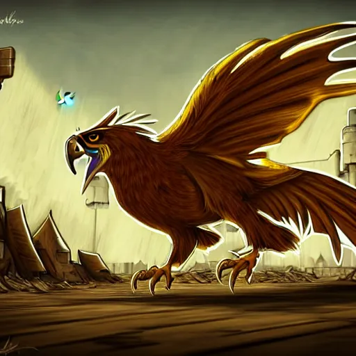 Prompt: Golden-Brown Gryphon Walking Toward and Seeking Shelter in a Walled Settlement in the Fallout Wasteland, Dust in the Air, Windy, Fantasy Art