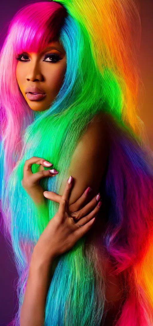 Image similar to nicki minaj, glowing hair, 8 k, cinematic light shadows, wet hdr refractions