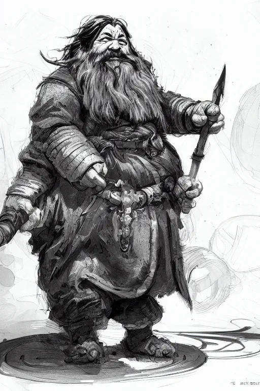 Prompt: Concept art of a dwarf by Even Amundsen, digital ink