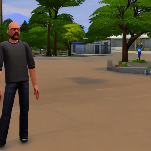 Image similar to videogame screenshot of walter white walking to work in the sims 4, realistic face