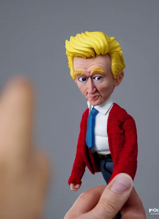 Image similar to product photography of a claymation action figure baby donald trump, depth of field, zeiss lens, detailed, centered, by erwin olaf, joop geesink, wes anderson, breathtaking, 8 k resolution, extremely detailed, beautiful, establishing shot, realistic materials, hyperrealistic