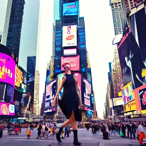 Image similar to Giant person visiting time square, stuck between buildings, wlop