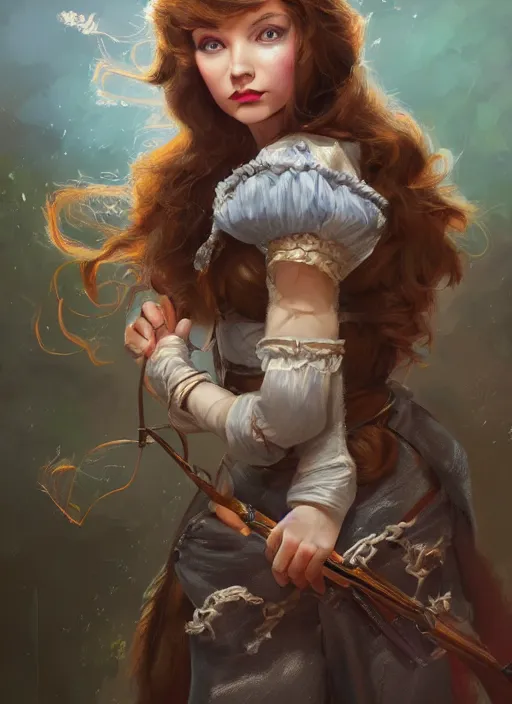 Image similar to three quarters portrait of a beautiful female Dorothy gale, full body, armor, super powers, fantasy, intricate, elegant, highly detailed, digital painting, artstation, concept art, shining, sharp focus, illustration, art by stanley lau