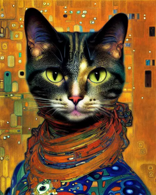 Prompt: robotic cat portrait an oil painting splashes with many colors and shapes by gustav klimt greg rutkowski and alphonse mucha, polycount, generative art, psychedelic, fractalism, glitch art