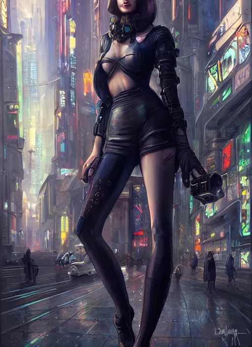 Image similar to a beautiful woman walking through a cyberpunk city, full body, realistic, highly detailed, science fiction portrait by laura sava