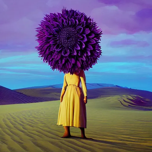 Image similar to portrait, giant purple dahlia flower head, woman between dunes, surreal photography, sunrise, blue sky, dramatic light, impressionist painting, digital painting, artstation, simon stalenhag