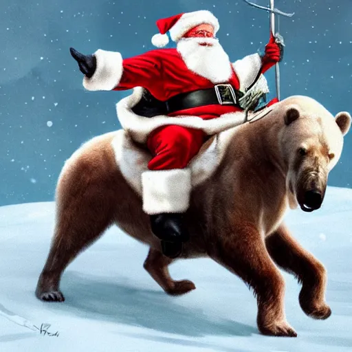 Image similar to santa claus riding a polar bear into battle, epic, cinematic, artstation, concept art, high quality,