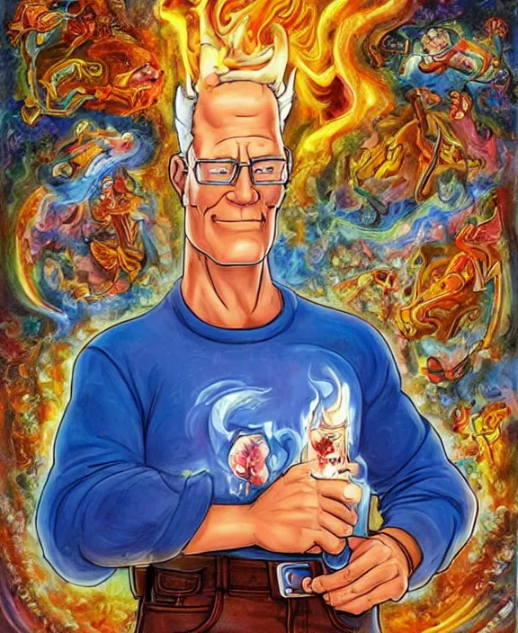 Image similar to normal hank hill wearing bluejeans and white tshirt, the god of propane, blue flames, propane tanks, magic realism, art by josephine wall, art by mike judge, art by huang guangjian, art by viktoria gavrilenko, art by amanda sage, trending on artstation