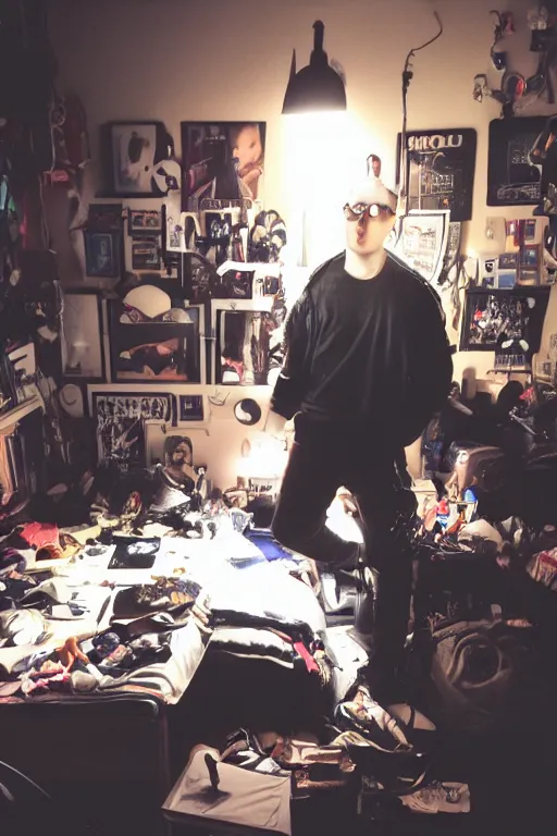Prompt: a dramatic lighting photo of a nerdy goth guy in a cluttered messy bedroom
