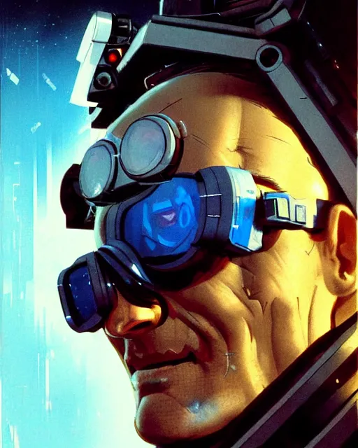 Prompt: soldier 7 6 from overwatch, white hair, character portrait, portrait, close up, concept art, intricate details, highly detailed, vintage sci - fi poster, retro future, in the style of chris foss, rodger dean, moebius, michael whelan, and gustave dore