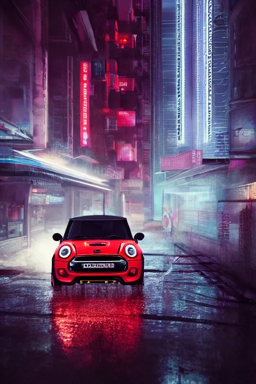 Image similar to Red Mini Cooper S, Futuristic Asian city at night with rain, Cyberpunk style, Neon lights, Matte paiting, cinematic lighting, corona render, smoke, light rays, 8k