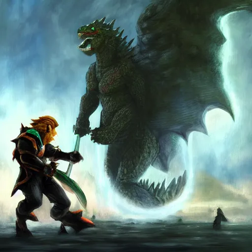 Prompt: ganondorf fighting Godzilla, oil painting, 4k, trending on artstation